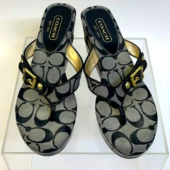 Coach Designer Gracy Signature Beige Gray & Black Wedge Sandal Heels - Size 7.5 - Picture 1 of 7
